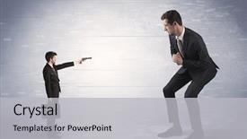  Presentation with shooting gun - Cool new PPT layouts with tiny businessman with gun shooting backdrop and a light gray colored foreground