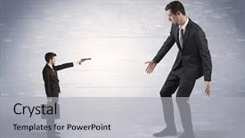  Presentation with shooting gun - Slide set with tiny businessman with gun shooting background and a light gray colored foreground