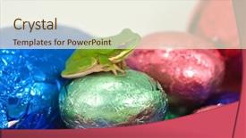  Presentation with checks - Audience pleasing PPT theme consisting of tiny dwarf green tree frog litoria fallax sits and checks out the little solid easter eggs backdrop and a sky blue colored foreground