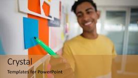  Presentation with young college student diagnosis of sti - Beautiful theme featuring tipping point - smiling young man pointing backdrop and a gold colored foreground