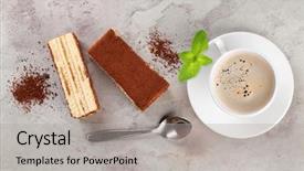  Presentation with tiramisu - Beautiful slide deck featuring tiramisu dessert and coffee on stone table top view backdrop and a light gray colored foreground