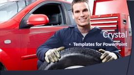  Presentation with mechanic shop - Cool new presentation theme with tire in auto repair shop backdrop and a ocean colored foreground