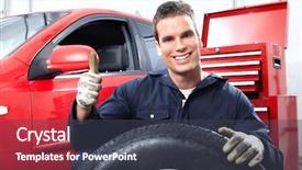  Presentation with mechanic shop - Cool new PPT theme with tire man - handsome mechanic changing wheels backdrop and a tawny brown colored foreground