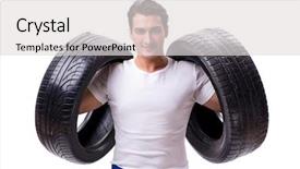  Presentation with tyre - Theme having tire man - handsome tyre repairman isolated background and a light gray colored foreground
