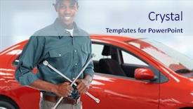 Presentation with garage car - Colorful PPT theme enhanced with tire wrench in garage car backdrop and a sky blue colored foreground
