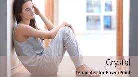  Presentation with depressed - Amazing PPT layouts having tired - depressed young woman sitting backdrop and a soft green colored foreground