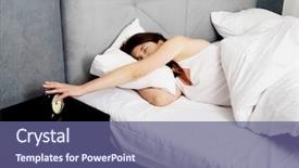  Presentation with switches - Cool new PPT layouts with tired and sleepy woman switches off alarm clock backdrop and a ocean colored foreground