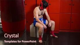  Presentation with locker room - PPT theme with tired boxer sitting in locker room at fitness studio background and a wine colored foreground