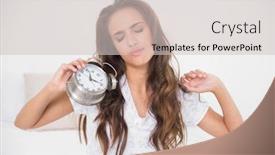  Presentation with alarm - Slide deck consisting of tired-brunette-holding-alarm-clock background and a soft green colored foreground
