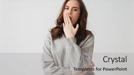  Presentation with tired - Amazing presentation theme having tired brunette woman in sweater backdrop and a light gray colored foreground