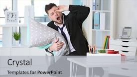  Presentation with office chair - Slide deck having tired business man with pillow background and a  colored foreground