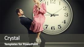  Presentation with wife - PPT layouts with tired businessman carrying his smiling wife against a background of a big clock background and a dark gray colored foreground