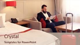  Presentation with tired - Cool new theme with tired businessman relaxing in hotel backdrop and a lemonade colored foreground