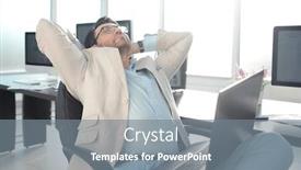  Presentation with front desk - PPT theme with tired businessman sitting in front of his desk background and a gray colored foreground