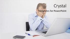  Presentation with hands and face - Audience pleasing slide deck consisting of tired businessman with hands on face sitting at desk by laptop backdrop and a light gray colored foreground