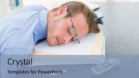  Presentation with files - Theme with tired businessman with stack of files on desk in his office background and a light blue colored foreground