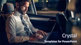  Presentation with car seat - PPT theme enhanced with tired businessman working late background and a navy blue colored foreground
