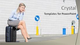  Presentation with luggage - Audience pleasing theme consisting of tired-businesswoman-sitting-on-luggage backdrop and a white colored foreground