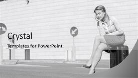  Presentation with luggage - Cool new PPT theme with tired businesswoman sitting on luggage backdrop and a light gray colored foreground