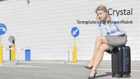  Presentation with luggage - Cool new presentation with tired businesswoman sitting on luggage backdrop and a light gray colored foreground