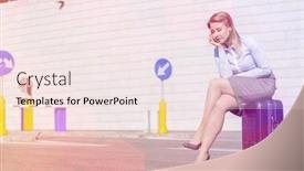  Presentation with luggage - Slide deck enhanced with tired businesswoman sitting on luggage background and a sky blue colored foreground