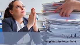  Presentation with workload - Cool new slide deck with tired-businesswoman-with-paperwork-workload backdrop and a light blue colored foreground