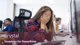  Presentation with desktop - Slide set consisting of tired-casual-business-woman-taking background and a tawny brown colored foreground