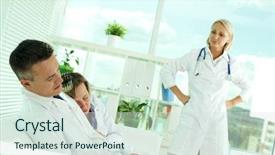  Presentation with coats - Beautiful PPT theme featuring tired clinicians in white coats sleeping in office while displeased doctor looking at them backdrop and a sky blue colored foreground