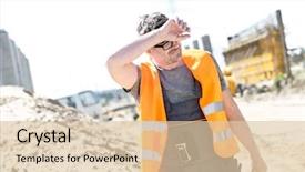  Presentation with safety construction worker in construction - Colorful presentation theme enhanced with tired construction worker wiping forehead backdrop and a lemonade colored foreground