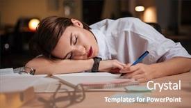  Presentation with tired - PPT theme with tired exhausted young businesswoman sleeping background and a coral colored foreground