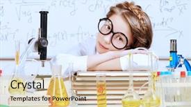  Presentation with tired - Cool new slide deck with tired girl fell asleep doing research in the laboratory science and education backdrop and a coral colored foreground