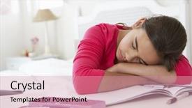  Presentation with tired - Amazing PPT theme having tired girl sleeping whilst doing homework at desk in bedroom backdrop and a coral colored foreground