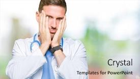  Presentation with facial pain medical man - Colorful presentation design enhanced with tired hands covering face depression backdrop and a  colored foreground