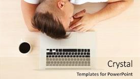  Presentation with tired - Slides with tired man with notebook sleeps background and a  colored foreground