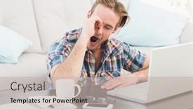  Presentation with social isolation - Colorful PPT theme enhanced with tired man working and yawning at home in the living room working from home in quarantine lockdown social distancing self isolation backdrop and a light gray colored foreground