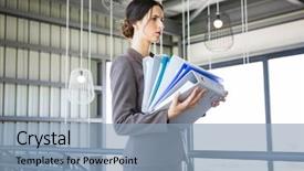  Presentation with overworked - Cool new presentation theme with tired overworked busy businesswoman carrying stack of folders with files documents backdrop and a light blue colored foreground