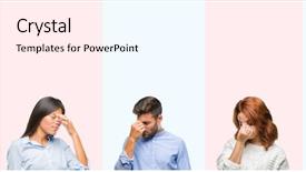  Presentation with collage of diversity people - Presentation having tired rubbing nose and eye background and a cool aqua colored foreground
