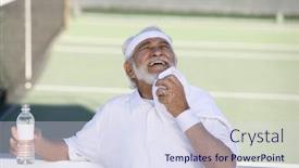  Presentation with bottle water - Amazing PPT theme having tired senior man holding tennis holding a bottle of water backdrop and a sky blue colored foreground