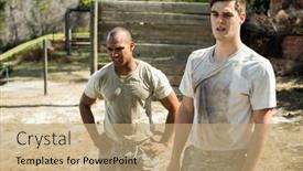  Presentation with boot camp - Slide deck enhanced with tired-soldiers-standing-in-boot background and a coral colored foreground