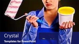  Presentation with builder - Presentation design with tired-woman-builder-holding-yellow background and a  colored foreground