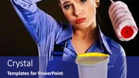  Presentation with builder - Colorful presentation design enhanced with tired-woman-builder-with-paint backdrop and a  colored foreground