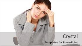  Presentation with tired - Presentation theme consisting of tired woman sitting on the desk isolated on white background background and a light gray colored foreground