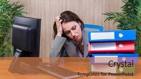  Presentation with stressed - Theme having tired woman stressed with too much work background and a coral colored foreground