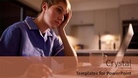  Presentation with medical laptop - PPT theme with tired-woman-wearing-medical-scrubs background and a  colored foreground