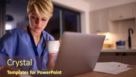  Presentation with medical laptop - Slides having tired-woman-wearing-medical-scrubs background and a tawny brown colored foreground