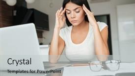  Presentation with headache - Colorful slides enhanced with tired woman with headache analyzing backdrop and a  colored foreground