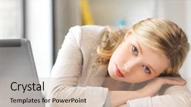  Presentation with cyber stalking computer laptop suffering - Cool new slides with tired woman with laptop computer backdrop and a soft green colored foreground