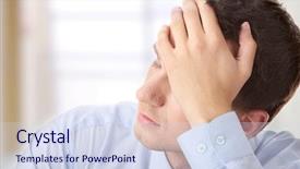  Presentation with psychology depression - Slide deck with tired worker - businessman in depression with hand background and a sky blue colored foreground