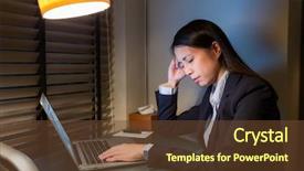  Presentation with headache - PPT theme consisting of tired worker - woman feeling headache and working background and a tawny brown colored foreground
