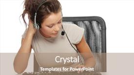  Presentation with call center - Presentation theme with tired worker - young beautiful girl in headset background and a coral colored foreground